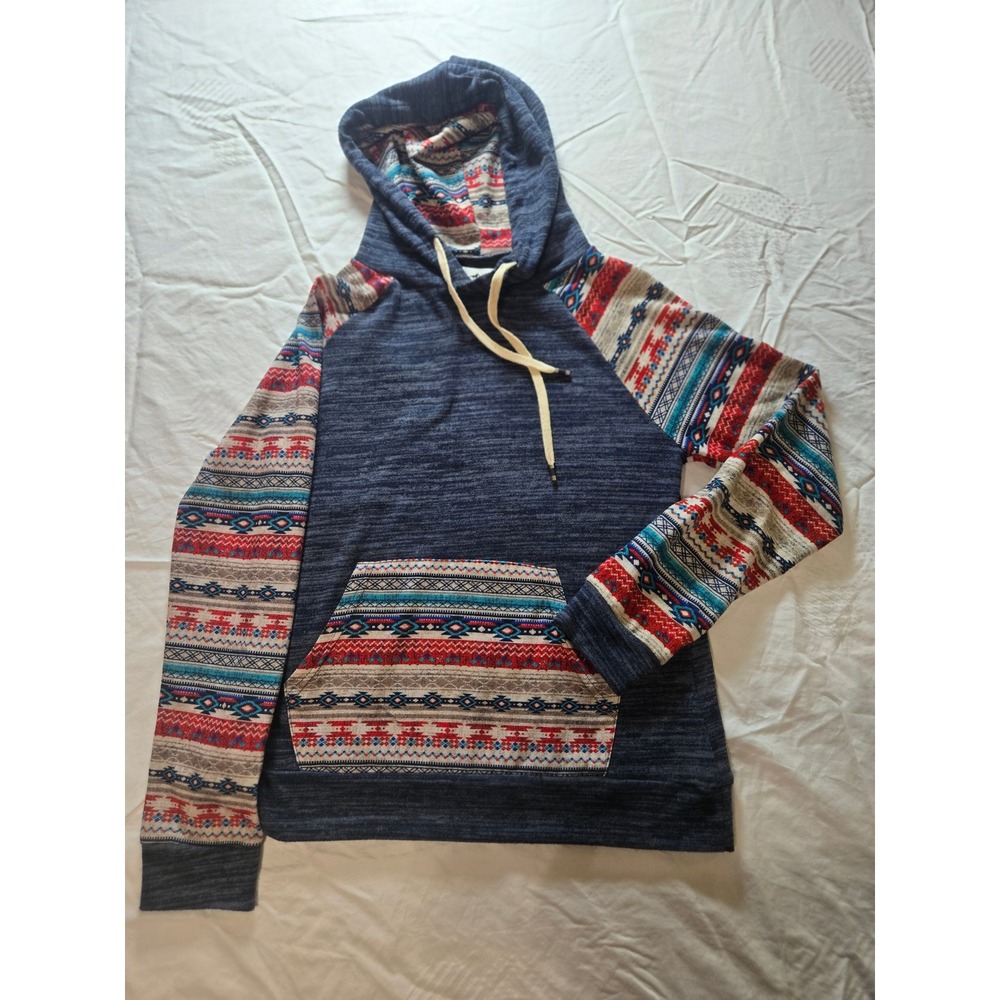Back In The Saddle Navy Blue Southwestern Geometric Raglan Hoodie Small